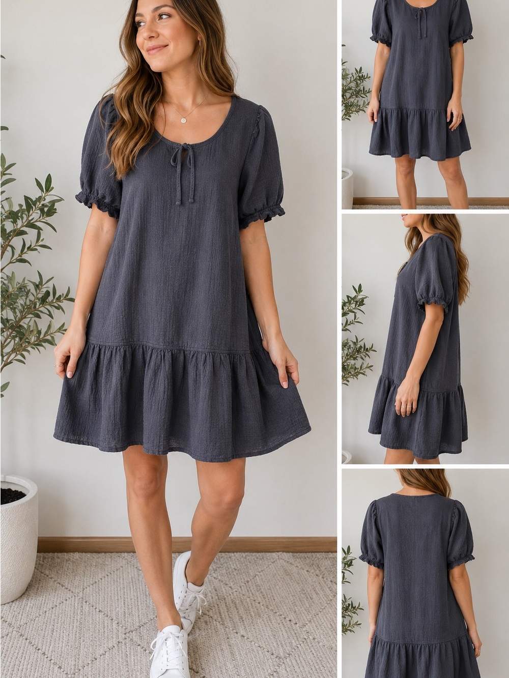 Smash + Tess Black Cotton Dress 👗 Tiered Puff Sleeve Dress 2X Made in Canada